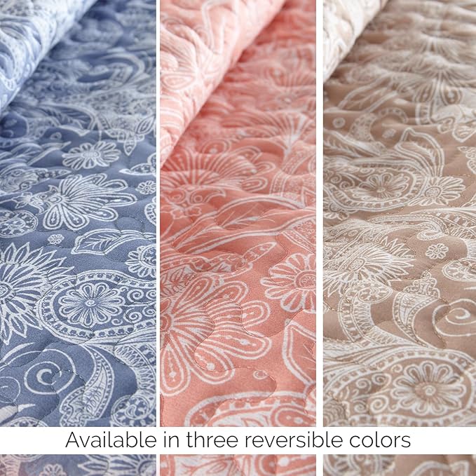 Southshore Fine Living, Inc. Paisley Quilt Queen Size Bedding Set, Summer Coverlet, Boho Bedspread, 3-Piece Farmhouse Bedding with Two Matching Pillow Shams, Full/Queen Bed Set, Reversible Coral