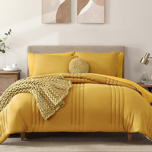 Monbix Full Comforter Set - 7 Pieces Bright Yellow Bed in a Bag Full Size Bedding Sets with Comforters, All Seasons Comforter with Sheets, Pillowcases & Shams