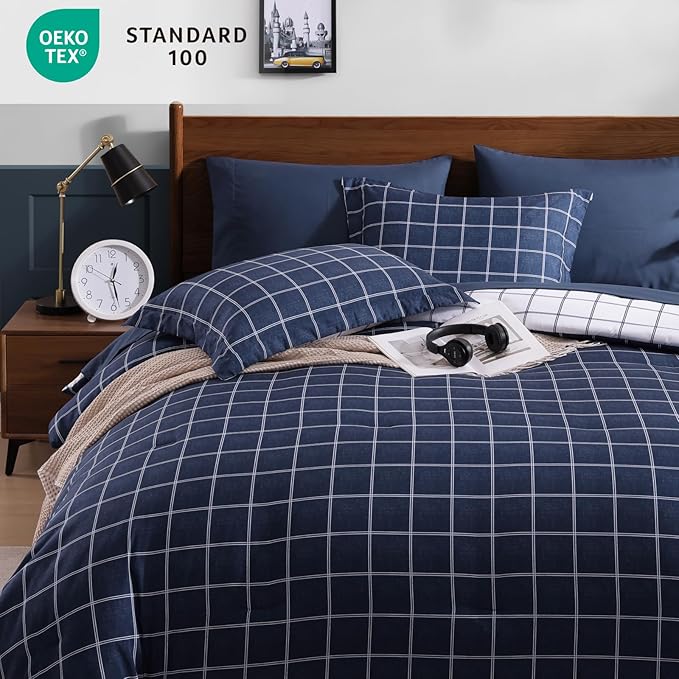 Plaid Twin XL Comforter Set Dark Blue, Reversible Checkered Bedding Set 5 Pieces for Boys Girls Teen, Lightweight Bed in a Bag for Dorm with Sheets, Pillowcase & Sham