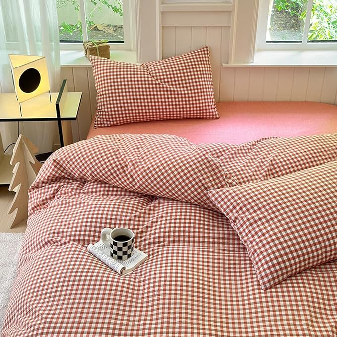 LifeTB Gingham Comforter Set Full Modern Style Red Orange Grid Plaid Comforter Soft Fluffy 3 Pieces Checkered Pattern Comforter Set Farmhouse Orange Gingham Bedding Comforter with 2 Pillowcases