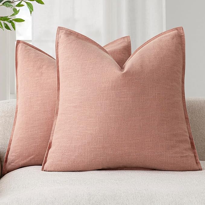 Foindtower Pack of 2, Decorative Linen Soild Throw Pillow Covers Soft Accent Euro Cushion Case Boho Farmhouse Pillowcase for Chair Couch Sofa Bedroom Living Room Home Decor 24 x 24 Inch Coral Pink