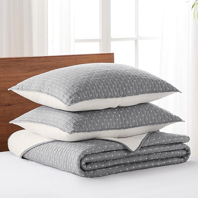 Levtex Home Cross Stitch Reversible Queen Bedspread Set (104x106in) with 2 Pillow Shams (26x20in) - Stitch Texture - Grey and White - Cotton Queen Size Bedspread Set - Lightweight, Soft, Pre-Washed