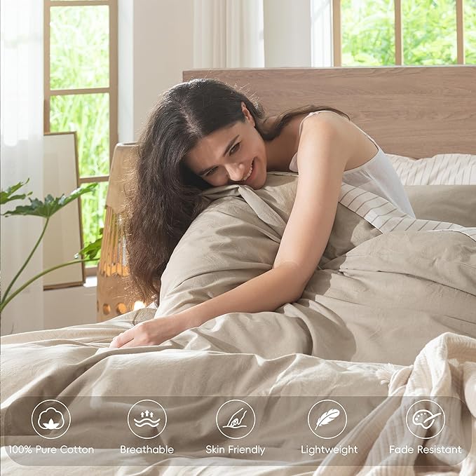 MooMee Bedding Duvet Cover Set 100% Washed Cotton Linen Like Textured Breathable Durable Soft Comfy (Heathered Tannish Linen Grey, Super Queen 90"x98")
