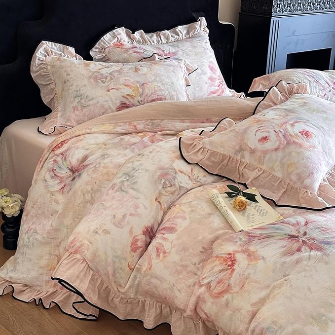 HighBuy Pink Floral Linen Duvet Cover Twin XL,Ruffle Floral Bedding Set for Girl College,Muslin Yarn-Dyed Comforter Cover with Zipper for Hot Sleepers,Breathable & Fade-Resistant All Season