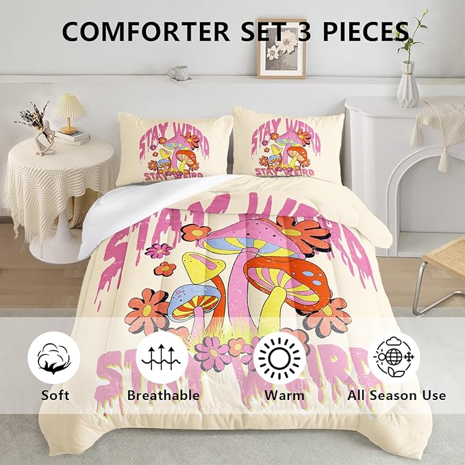 Axolotl Cartoon Mushroom Comforter Set Full,Colorful Mushrooms Bedding Girls Bedding Set,Floral Comforter Set Red Pink Flower,Cute Mushroom Bedding Set for Kids Boys Girls Teens,1 Quilt 2 Pillowcases