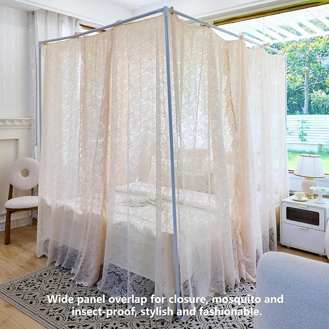 AIKASY Elegant Lace Princess 4-Poster Bed Canopy Mosquito Net - Romantic Wedding Bridal Bedroom Decor, Kids Room Bed Curtain for Women Adults - (Cream-1,Full)