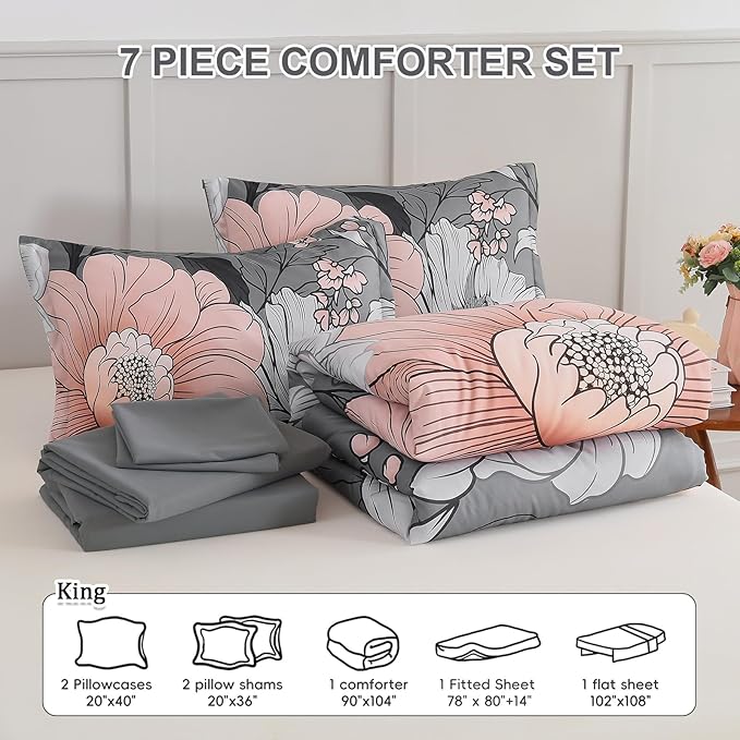 Xruibed King Comforter Set 7 Pieces Grey Floral Comforter Set King Size Bed in a Bag Flower Bedding Sets Lightweight Boho Bed Set with Sheet,Pillowcases&Shams for All Season