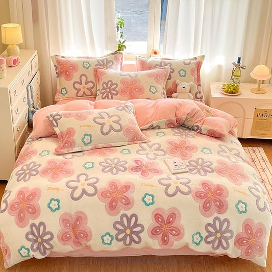 MorroMorn Pink Duvet Cover Queen, Floral Bedding Sets, Comforter Covers Set, Down Alternative Blanket Ultra Soft Kawaii Cute Blooming Flowers for Girls Kids Teen Women Full Double Size