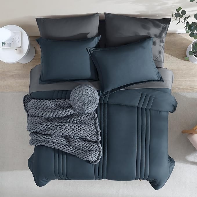 Monbix California King Size Comforter Set - 7 Pieces Bed in a Bag Cal King, Blue Grey Bedding Sets with Comforter, All Seasons Comforter Bed Set with Sheets, Pillowcases & Shams