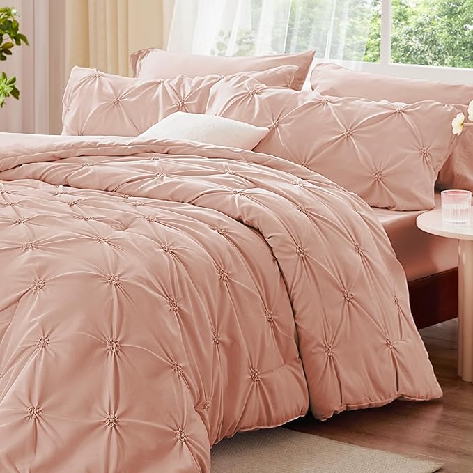 BEDELITE Dusty Pink Comforter Set Full - 3 Peices Boho Pintuck Bedding Comforter Sets, Lightweight Soft & Warm Twin Bedding Sets with 2 Pillowcase for All Season