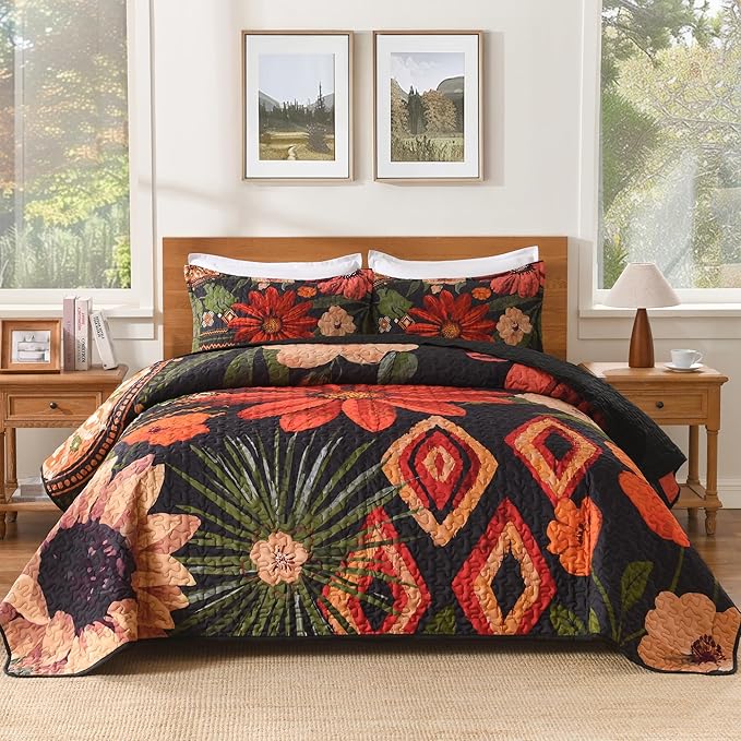 Andency Floral Boho California King Quilt Bedding Set Black, 3 Pieces Farmhouse Flower Botanical Summer Oversized King Bedspreads, Soft Reversible Lightweight Microfiber Coverlet Set, 104"x112"