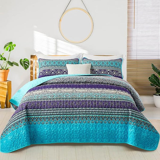 WONGS BEDDING Boho Quilt Set California King, Blue Purple Bohemian Striped Pattern Printed Quilt Coverlet, Lightweight Microfiber Bed Decor Bedspread for All Season 106"x96"(3 Pieces, Cal King)