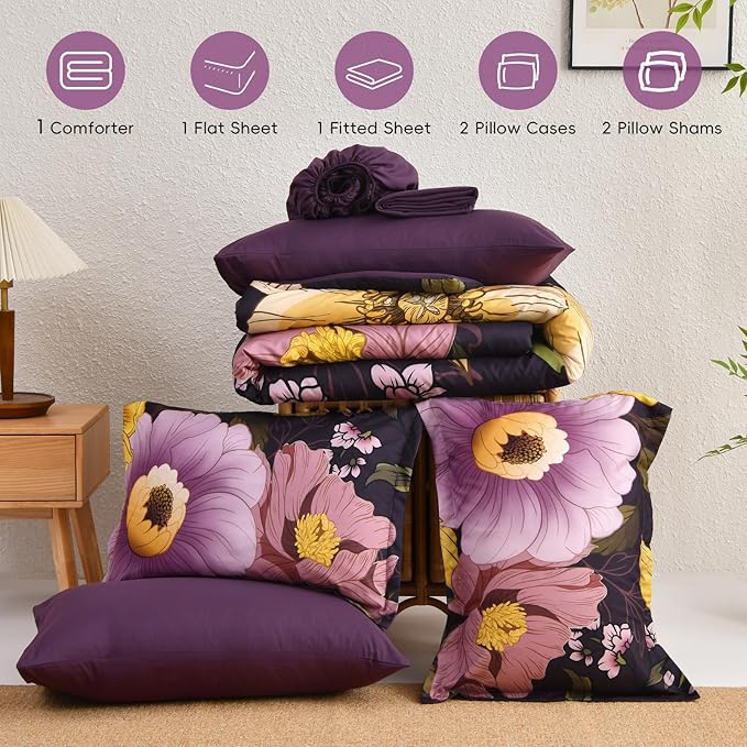 Xruibed Dark Purple Floral Comforter Set King Size 7 Pieces Bed in a Bag Flower Bedding Sets Lightweight Boho Bed Set with Sheet,Pillowcases&Shams for All Season