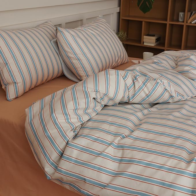 Blue Striped Duvet Cover Set Full 100% Cotton Retro Stripes Pattern 3 Pieces Bedding Set Blue Brown Striped Comforter Cover Minimalist Soft Breathable Duvet Cover with Zipper Closure & Corner Ties