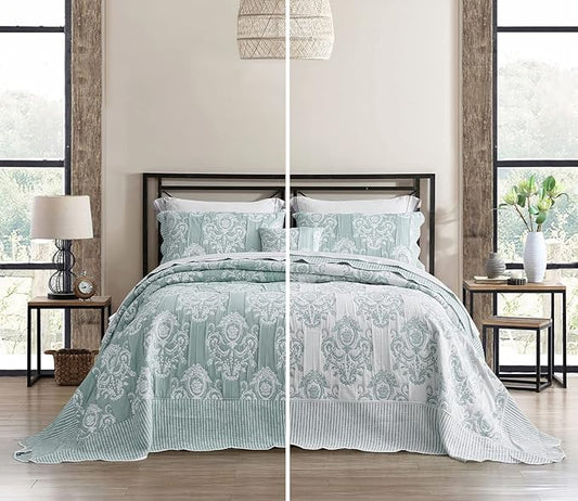 HZ & HY Oversized King Bedspread, Jacquard Matelasse Damask Pattern Design, Lightweight, Reversible, 5 Piece, 100% Microfiber, Green