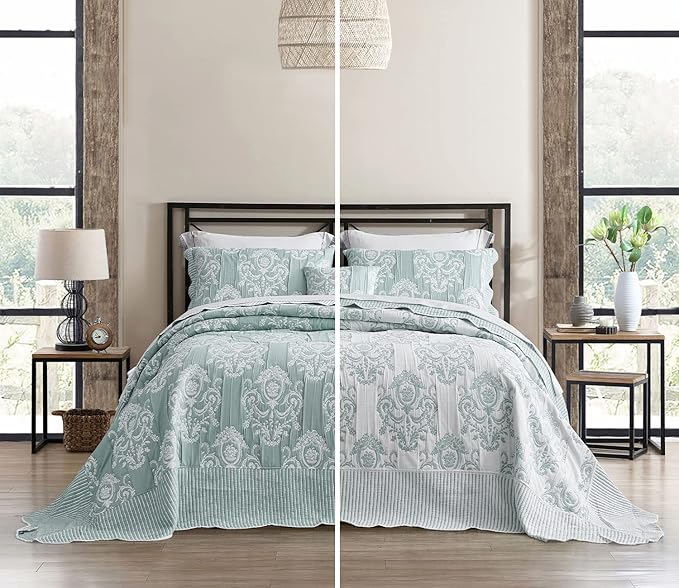 HZ & HY Oversized King Bedspread 138x122 Extra Wide, Jacquard Matelasse Damask Pattern Design, Lightweight, Reversible, 5 Piece, 100% Microfiber, California/Alaskan King, Green