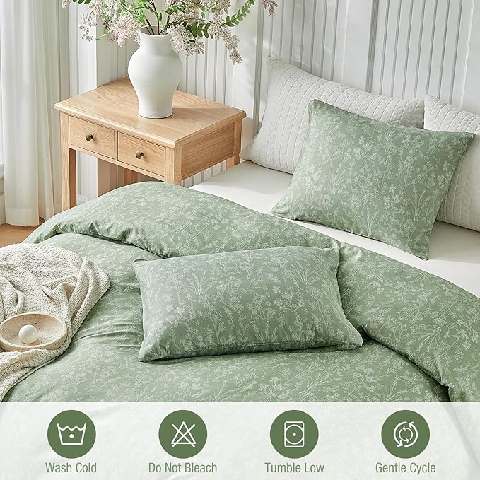 Lekesky King Size Duvet Cover Set, White Floral Pattern King Size Duvet Cover, 3 Piece Green Comforter Cover with Zipper, Ultra Soft Microfiber Bedding Set with 2 Pillowcases