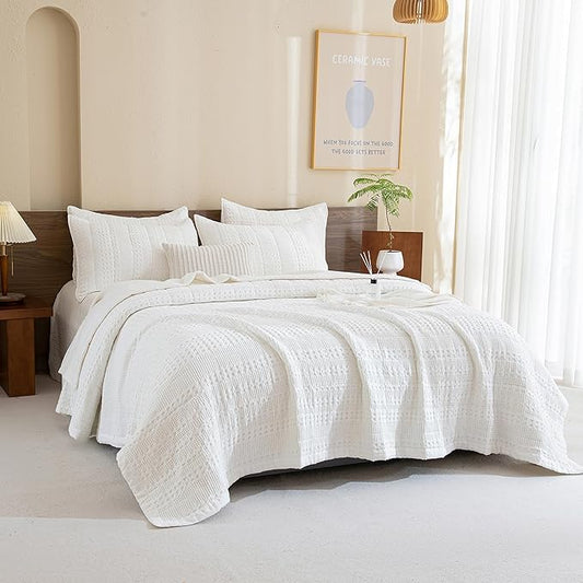 Sanracie Cotton Oversized King Bedspread(128"x120"),White Waffle Quilt Set 3Pcs Soft Lightweight Extra Large King Quilt Bedding Set,Farmhouse Coverlet Quilt Set Shabby Vintage Chic Bedding Set