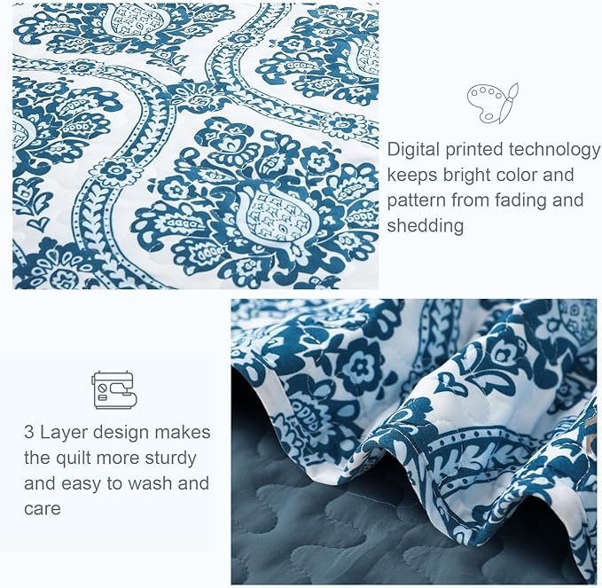 Exclusivo Mezcla Reversible Boho Quilts Queen Size, Blue Bedspreads Lightweight Coverlet All Season Damask Quilt Bedding Set with Printed Floral Pattern (1 Quilt, 2 Pillow Shams)
