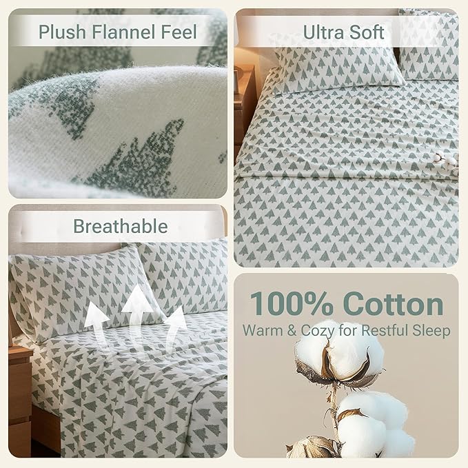 True North by Sleep Philosophy Cotton Sheet Set Cozy Print 100% Cotton Flannel Sheets Bedding Set, Oversized Sheets, Deep Pocket Fits Up to 12" Mattress Full Bed Sheets Full Ikat Tree 4 Piece
