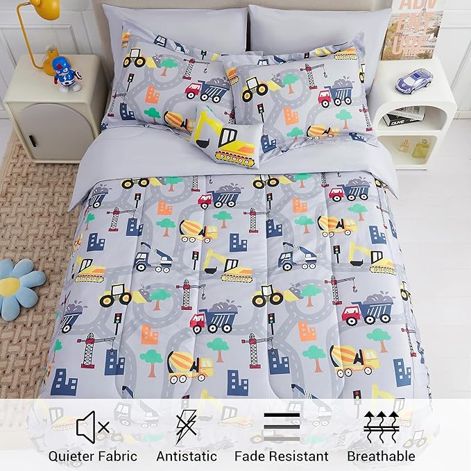 Mooreeke Kids Twin Comforter Sets for Boys 6 Pieces Excavator Grey Bedding Set for Teens Soft Microfiber Kids Bed in A Bag with Comforter, Sheet Set, Shams and Decorative Toy Pillow All Season