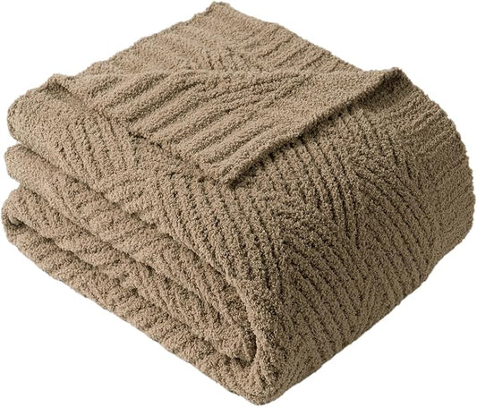 Battilo Khaki Diamond Knit Throw Blanket for Couch and Bed, Soft Textured Chenille Blanket, Cozy Lightweight Decorative Blanket for Sofa, 50"x60"