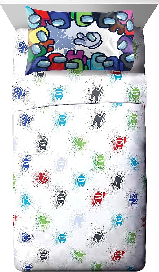 Jay Franco Among Us Space Splatter (4 Piece) Twin Size Bed Set - Includes Comforter & Sheet Set - Super Soft Fade Resistant Microfiber (Official Among Us Product)