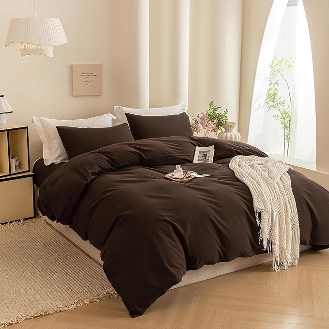 ECOCOTT Duvet Cover King Size -100% Washed Cotton Linen Like Textured Breathable Durable Soft Comfy Bedding Set with Zipper Closure & Corner Ties Chocolate Brown