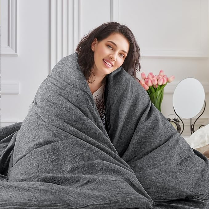 NEXHOME PRO Duvet Cover Twin 100% Washed Cotton, Organic Natural Linen Like Textured Breathable Durable Bedding Set Heather Black 6890