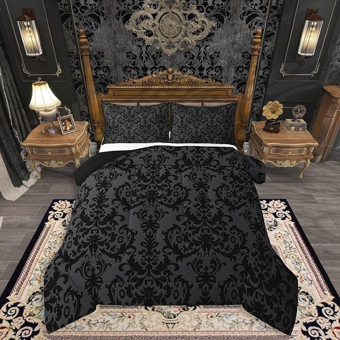 Erosebridal Adults Black Damask Bedding Set Antique Victorian Baroque Down Comforter Twin Gothic Vintage Floral Comforter Set Bohemian Exotic Bedding Quilted Grey Bedroom Decor 1 Pillow Case
