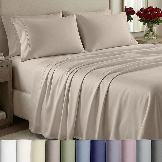 California Design Den King Sheet Set - 1000 Thread Count Sateen, Thick and Natural 100% Cotton Sheets, Deep Pockets, Durable Bedding Set - Beige (Sand Tone)