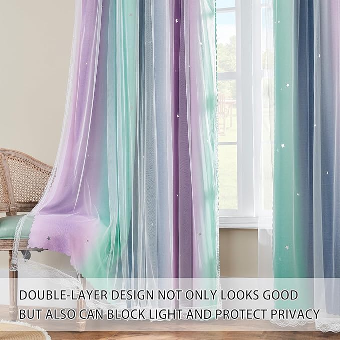 XiDi Purple Grey Green Curtains for Girls Bedroom 84 Inches Long 2 Panels Set, Rainbow Blackout Curtains for Kids Room Decor, Unicorn Wall Decals Drapes for Little Girl Nursery Room 52 Inches Wide