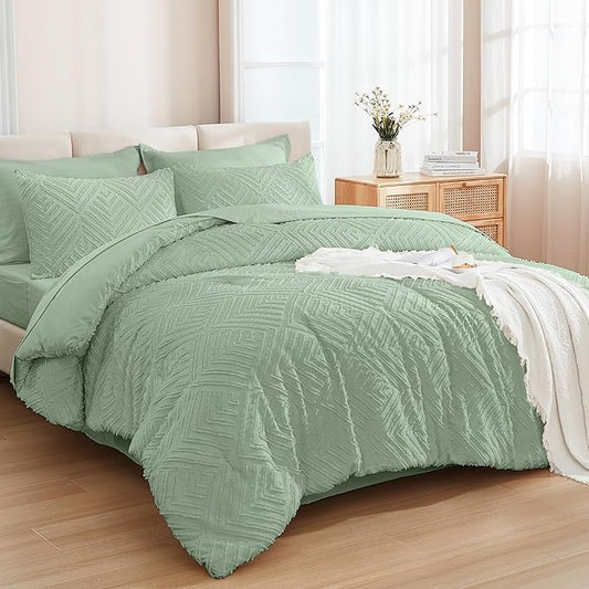 Andency California King Comforter Set Sage Green - 7 Pieces Bed in a Bag Cal King Bedding Comforter Sets, Tufted Lightweight Fluffy Bed Set with Comforter, Sheets, Pillowcases & Shams