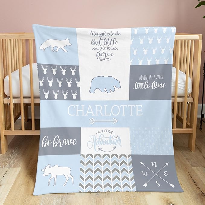 Personalized Baby Blanket Cute Animal Blanket for Girls - Soft Double Layer with Dotted Backing, Toddler to Newborn, Shower Gifts, Light Blue (35 X 45 inches)