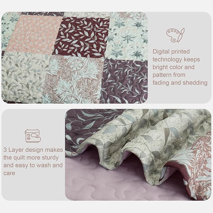 Exclusivo Mezcla Reversible Boho Quilts Queen Size, Brown Bedspreads Lightweight Coverlet All Season Patchwork Quilt Bedding Set with Printed Floral Pattern (1 Quilt, 2 Pillow Shams)