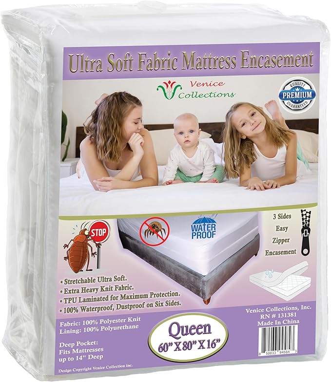 Ultra Soft Fabric Zippered Mattress Encasement Protector Heavy Duty Complete Cover 100% Waterproof Queen