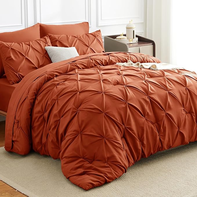 Full Comforter Set Burnt Orange, 7 Pieces Pintuck Bed in A Bag Full Size Bedding, Soft Bed Set All Season Pinch Pleat Comforter Set with Sheets, Pillowcases & Shams