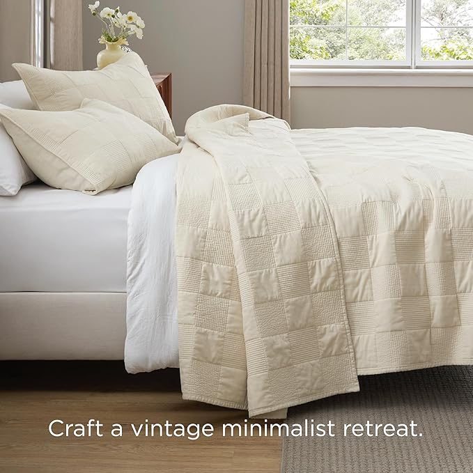 Bedsure 100% Cotton Quilt Set - Lightweight King Bedspread, Cozy Beige Bedding Coverlet 3-Piece with Pillow Shams in Checker Pattern for All Season, 106x96 inches, 100% Cotton Voile