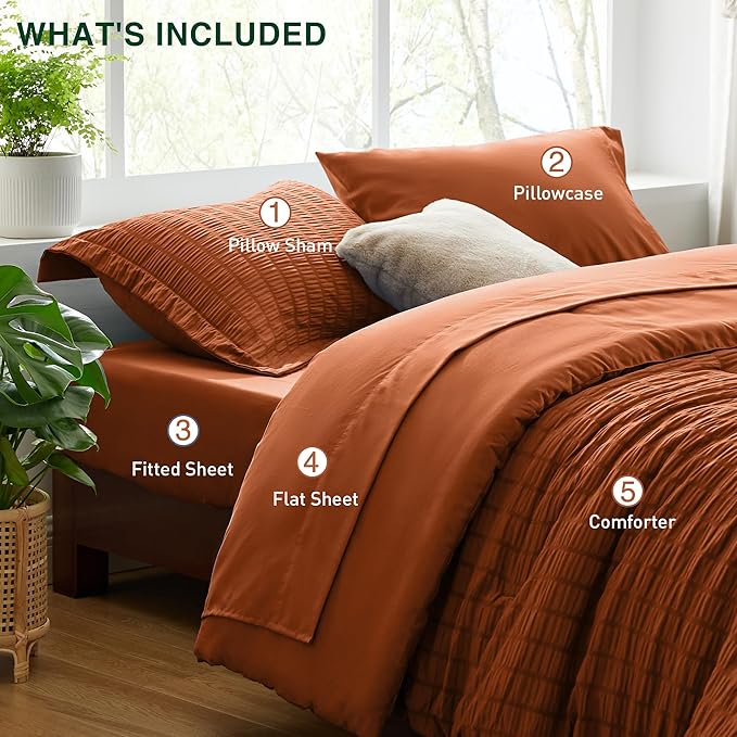Love's cabin Seersucker Terracotta Twin Comforter Set, 5-Piece All Season Lightweight Bed in a Bag Bedding Set with Comforter, Flat Sheet, Fitted Sheet, Pillowcase and Sham | Soft, Breathable, Lightweight