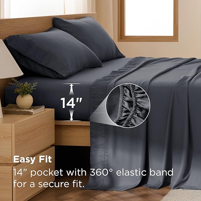 Bedsure Queen Sheet Set - 4 Pieces Soft Queen Size Sheets - Breathable & Cooling - Hotel Luxury - Easy Care Polyester Microfiber Bedding for Women, Men, Dark Grey