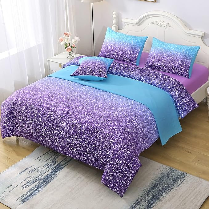 JQinHome Full Blue Purple Comforter Set, 6 Piece Bed in A Bag 3D Colorful Ombre Bedding Set for Girls Women (1 Comforter,2 Pillowcases,1 Flat Sheet,1 Fitted Sheet,1 Cushion Cover)(Blue Purple)