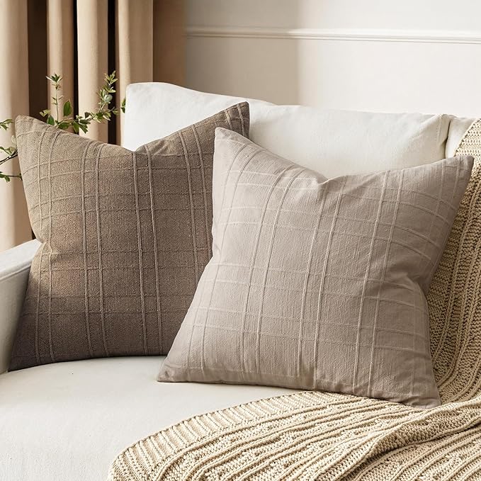 MIULEE Decorative Linen Check Euro Shams Throw Pillow Covers Neutral Farmhouse Vintage Pillow Covers 24x24 Set of 2 Boho Modern Home Decor for Sofa Couch Bedroom Cushion Natural Linen