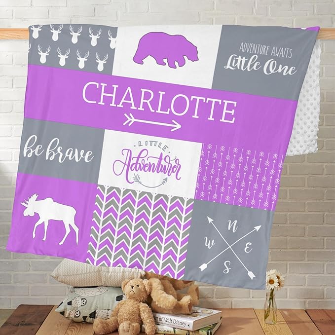 Baby Blanket with Name, Polyester Micro Soft Plush Baby Blankets for Girls with Print Animal Pattern, Double Layer Bed Throws for Crib, Bear and Deer, 35x45 Inches