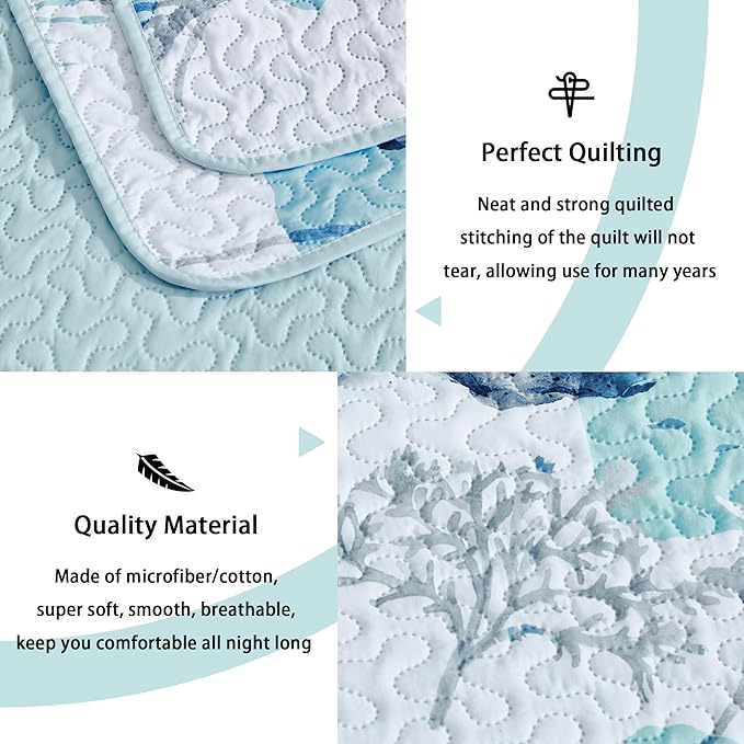Tritard 3 Piece Coastal Quilt Sets King Size Nautical Reversible Lightweight Bedspread Coverlet with 2 Shams Blue Starfish Conch Beach Microfiber Bedding Quilt Set for All Season, 106''x96''