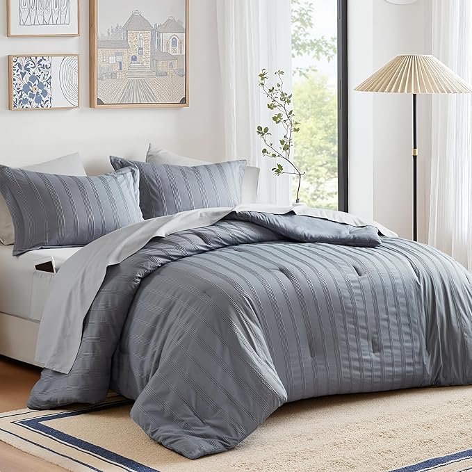 Madison Park Essentials Striped Comforter Set Cal King, 7 Pieces Modern Minimalist Jacquard Bedding Set for All Season, Bed in A Bag with Sheet Set and Soft Brushed Reverse, Lightweight Blue/Grey