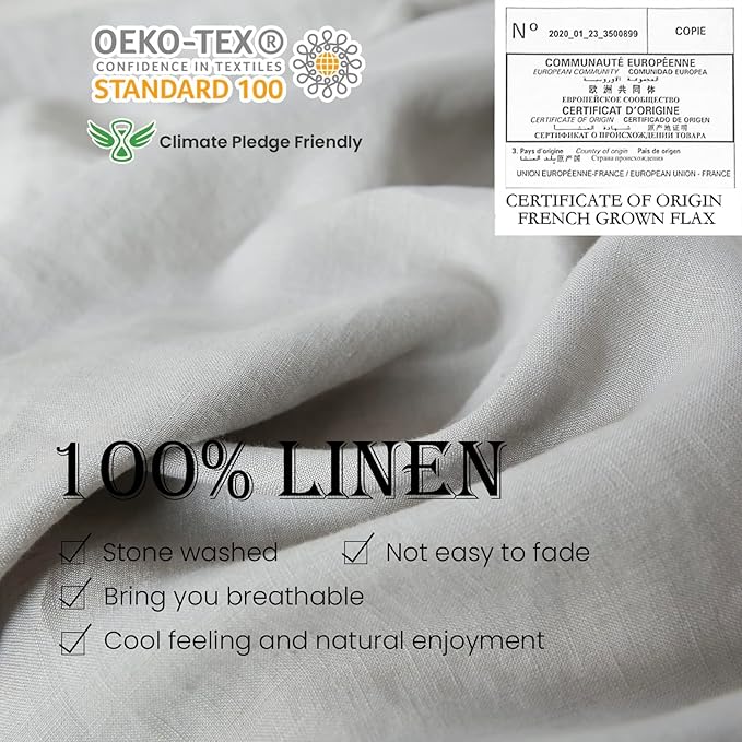 Simple&Opulence 100% Linen Duvet Cover Set with Embroidery Border Washed - 2 Pieces (1 Duvet Cover & 1 Pillow Sham) with Button Closure Soft Breathable Farmhouse - Light Grey, Twin Size