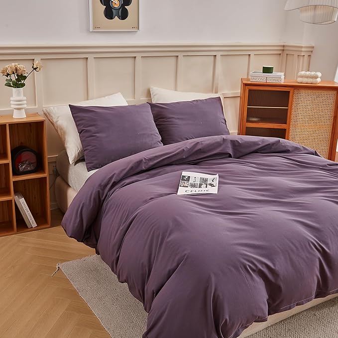 ECOCOTT Lilac Purple Duvet Cover King Size, 100% Washed Cotton 3 Piece Bedding Set 1 Duvet Cover with Zipper and 2 Pillowcases, Ultra Soft and Easy Care Breathable Duvet Cover Set ((Lilac Purple,King)