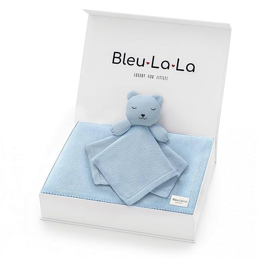 Baby Gift Set - Organic Cotton Newborn Blanket Essentials, Thoughtful Baby Shower & New Baby Gift for Boys & Girls (Lovey - Bear - Sky Blue)