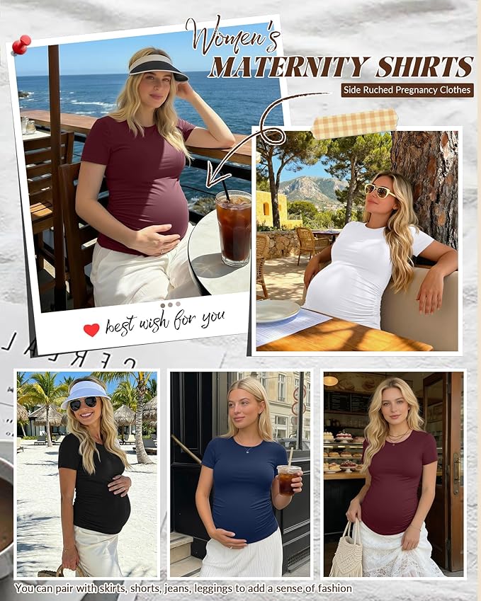 Huukeay 4 Pack Women's Maternity Shirts, Crew Neck Maternity Top Short Sleeve Casual Cotton Tee Side Ruched Pregnancy Clothes