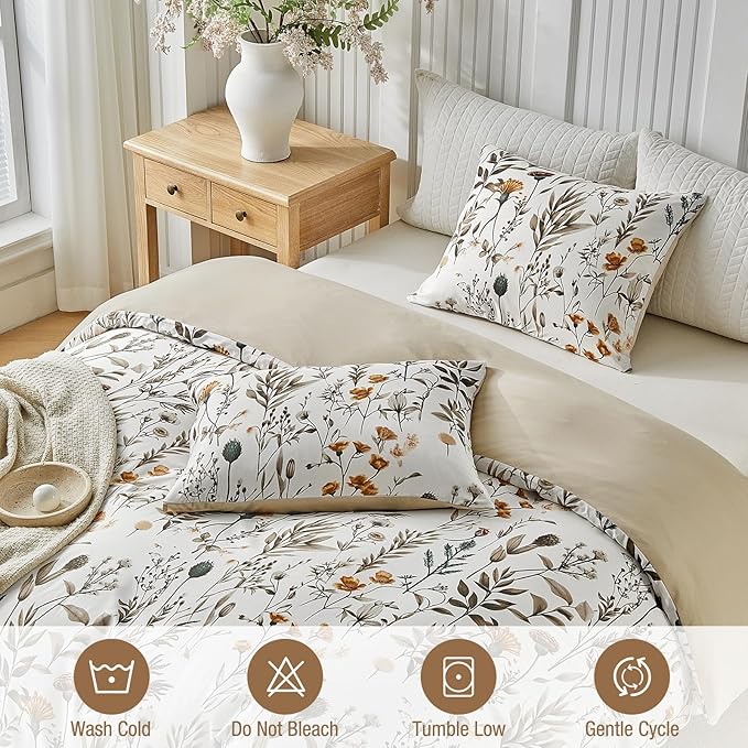 Lekesky Queen Size Duvet Cover Set, Lightweight Soft Microfiber Comforter Cover, Reversible Duvet Cover Queen with Branch Pattern, 3 Pieces Khaki Bedding Set with Zipper and 2 Pillowcases